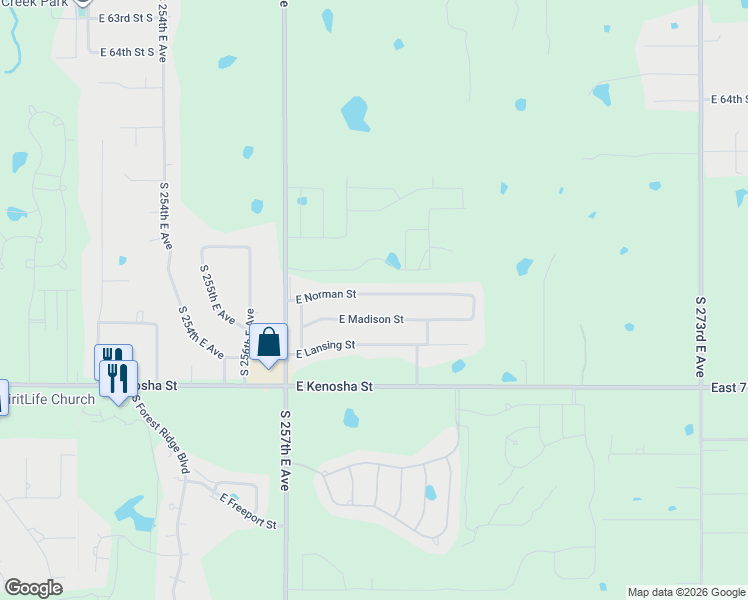 map of restaurants, bars, coffee shops, grocery stores, and more near 8209 East Madison Street in Broken Arrow