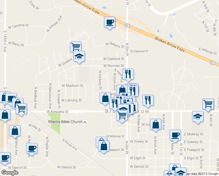 map of restaurants, bars, coffee shops, grocery stores, and more near 1100 North Hickory Avenue in Broken Arrow