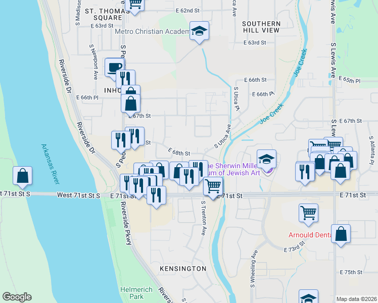 map of restaurants, bars, coffee shops, grocery stores, and more near 1523 East 68th Place in Tulsa