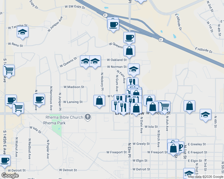 map of restaurants, bars, coffee shops, grocery stores, and more near 1100 North Hickory Avenue in Broken Arrow