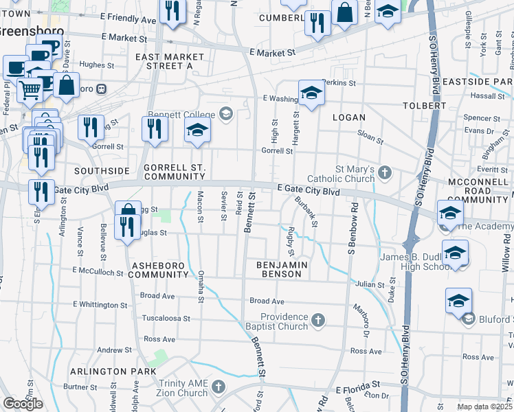 map of restaurants, bars, coffee shops, grocery stores, and more near 1003 East Bragg Street in Greensboro