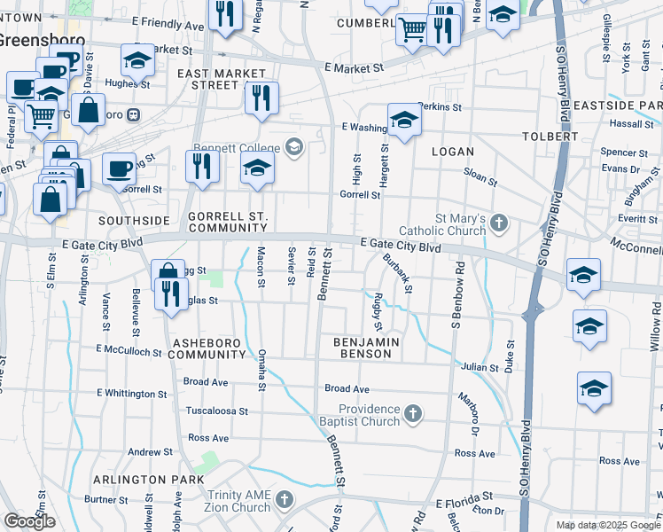 map of restaurants, bars, coffee shops, grocery stores, and more near 1001 East Bragg Street in Greensboro