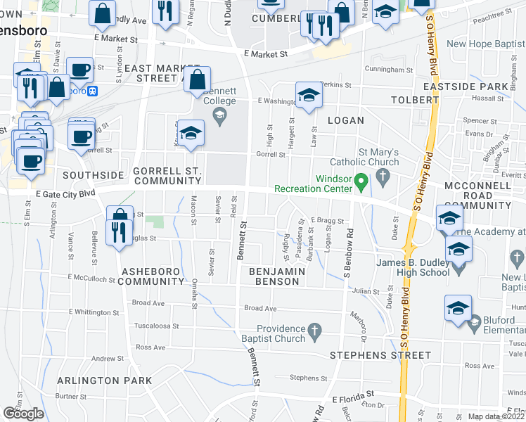 map of restaurants, bars, coffee shops, grocery stores, and more near 1017 East Bragg Street in Greensboro