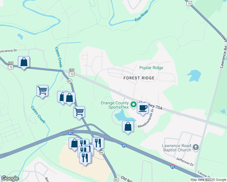 map of restaurants, bars, coffee shops, grocery stores, and more near U.S. 70 Business in Hillsborough