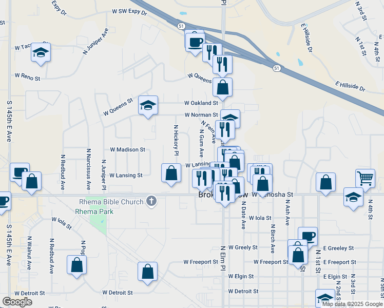 map of restaurants, bars, coffee shops, grocery stores, and more near 1113 North Hickory Avenue in Broken Arrow