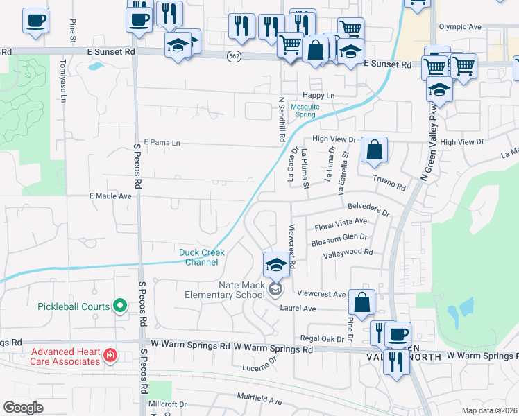 map of restaurants, bars, coffee shops, grocery stores, and more near 45 Pheasant Ridge Drive in Henderson