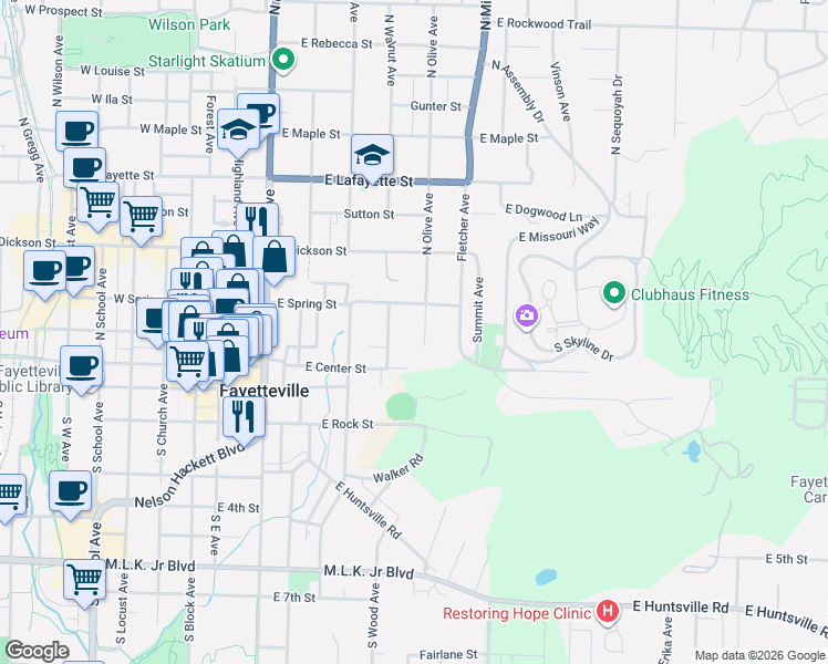 map of restaurants, bars, coffee shops, grocery stores, and more near 79 North Olive Avenue in Fayetteville