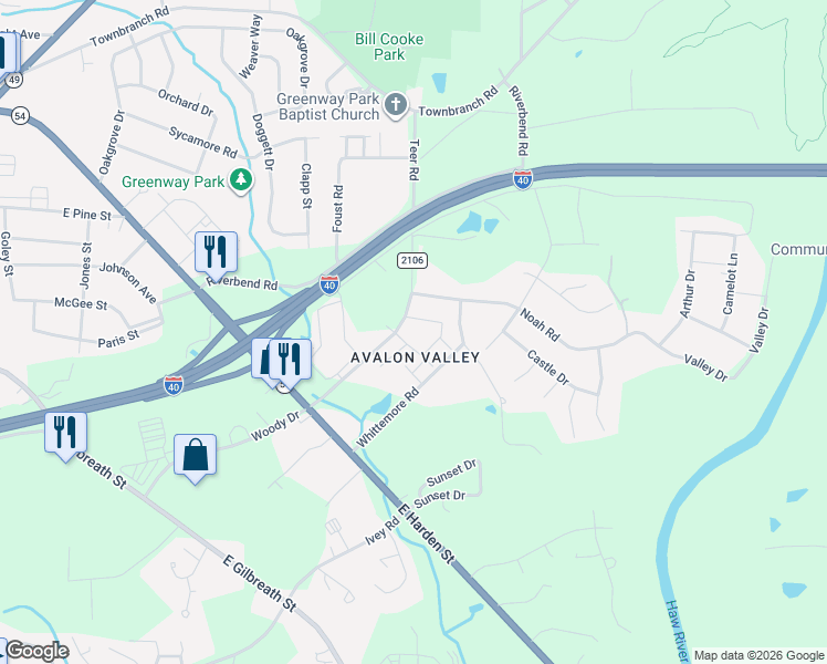 map of restaurants, bars, coffee shops, grocery stores, and more near 2310 Vantage Point in Graham