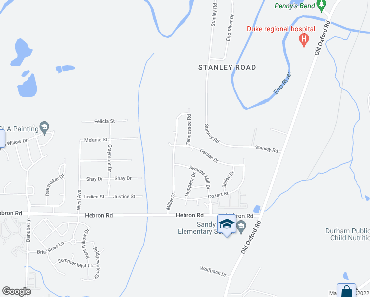 map of restaurants, bars, coffee shops, grocery stores, and more near 3301 Genlee Drive in Durham