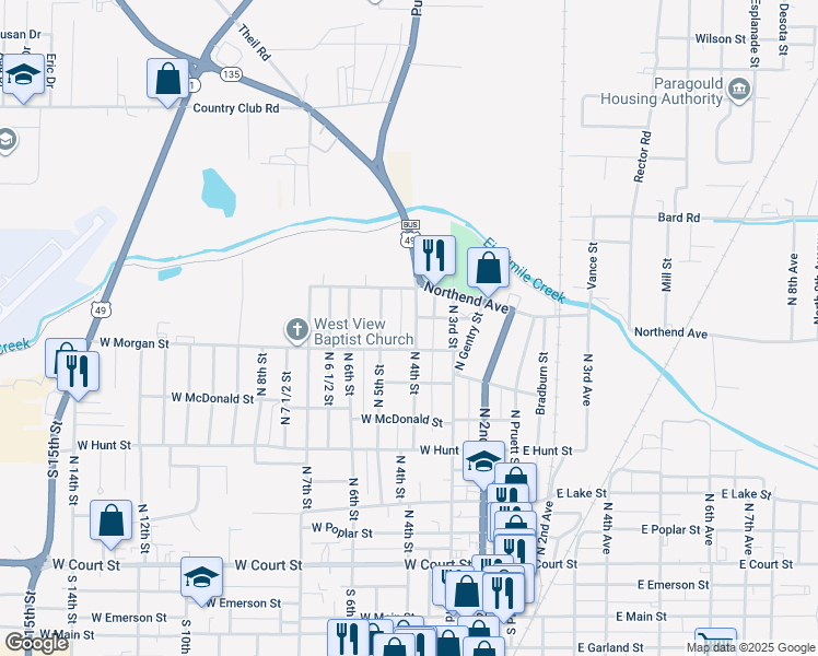 map of restaurants, bars, coffee shops, grocery stores, and more near 420 West Morgan Street in Paragould
