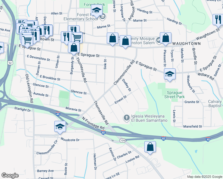 map of restaurants, bars, coffee shops, grocery stores, and more near 1110 Clemmonsville Road in Winston-Salem