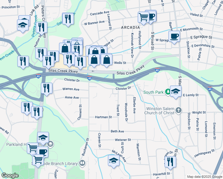 map of restaurants, bars, coffee shops, grocery stores, and more near 500 Trent Court in Winston-Salem