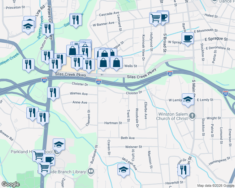 map of restaurants, bars, coffee shops, grocery stores, and more near 129 Cloister Oaks Circle in Winston-Salem