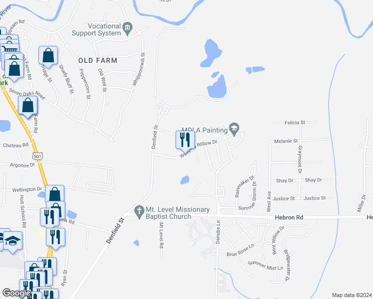 map of restaurants, bars, coffee shops, grocery stores, and more near 335 Weeping Willow Drive in Durham