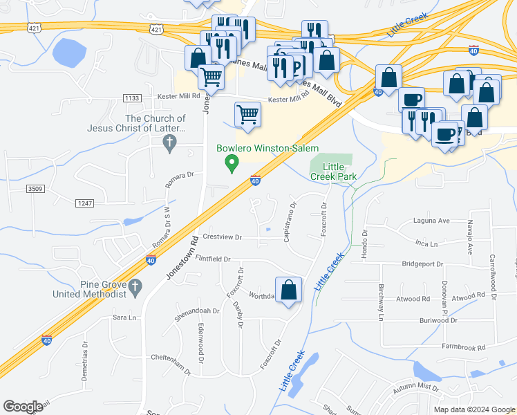 map of restaurants, bars, coffee shops, grocery stores, and more near 915 Hazelwood Drive in Winston-Salem