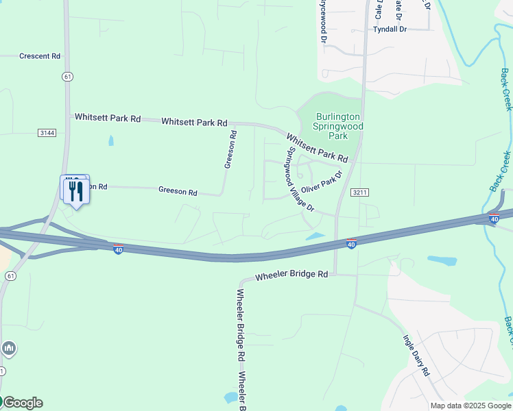 map of restaurants, bars, coffee shops, grocery stores, and more near 1623 Daisy Park Drive in Whitsett