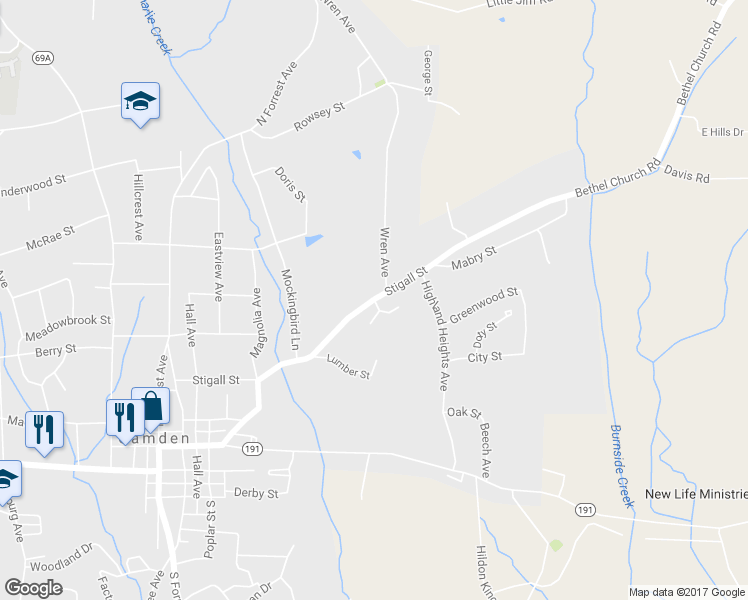 map of restaurants, bars, coffee shops, grocery stores, and more near 205 Stigall Street in Camden