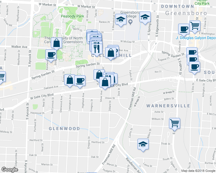 map of restaurants, bars, coffee shops, grocery stores, and more near 823 West Lee Street in Greensboro