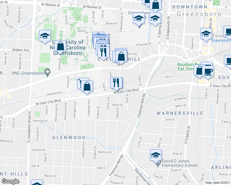 map of restaurants, bars, coffee shops, grocery stores, and more near 821 West Lee Street in Greensboro