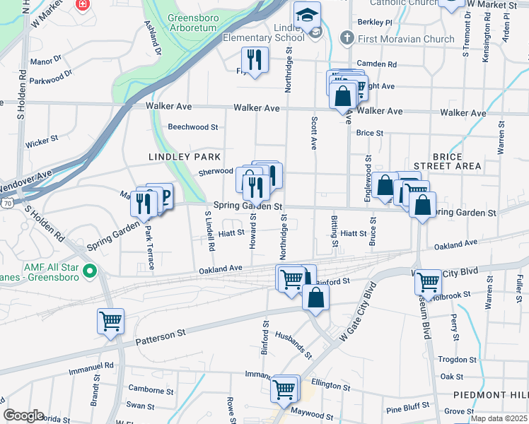 map of restaurants, bars, coffee shops, grocery stores, and more near 2408 Spring Garden Street in Greensboro