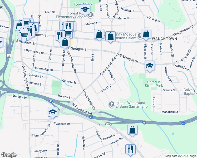 map of restaurants, bars, coffee shops, grocery stores, and more near 1110 Clemmonsville Road in Winston-Salem