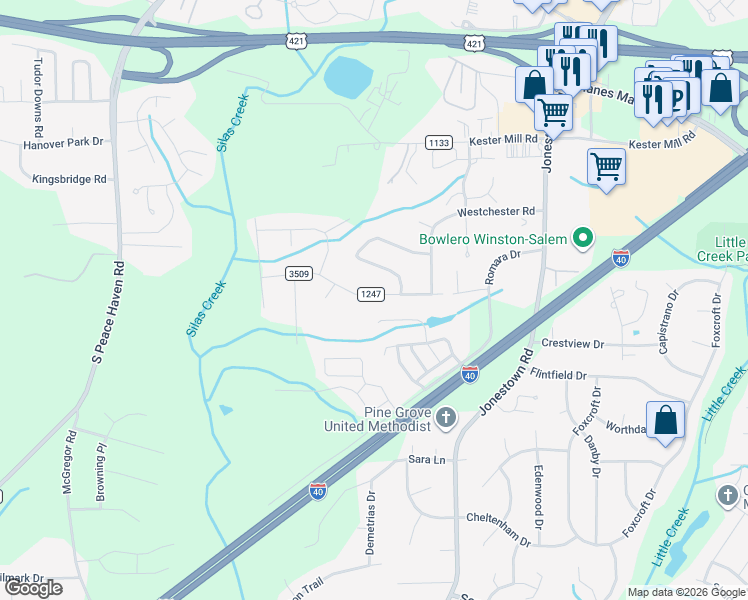 map of restaurants, bars, coffee shops, grocery stores, and more near 4861 Hawkwood Trail in Winston-Salem