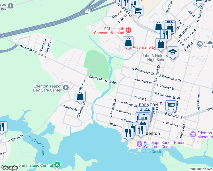 map of restaurants, bars, coffee shops, grocery stores, and more near 401 Doctor Martin Luther King Junior Avenue in Edenton