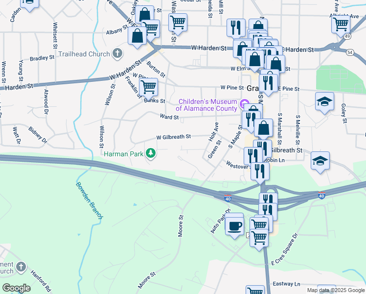 map of restaurants, bars, coffee shops, grocery stores, and more near 417 Gates Avenue in Graham