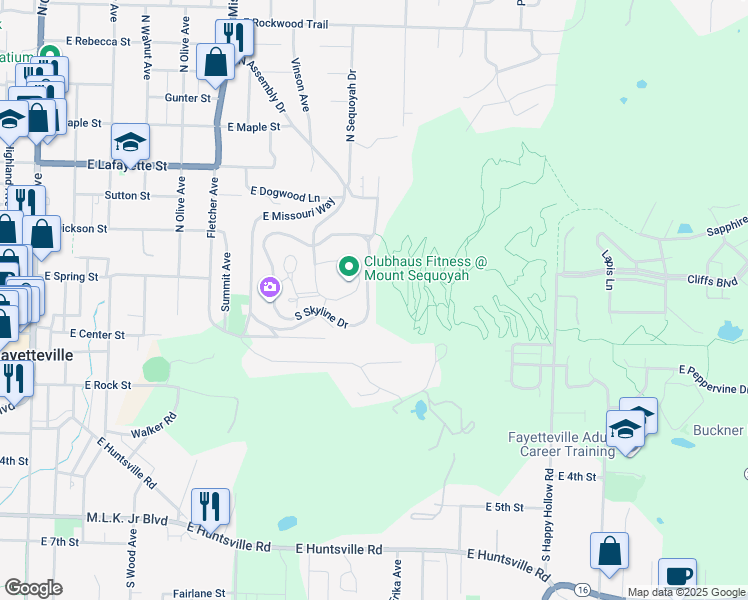 map of restaurants, bars, coffee shops, grocery stores, and more near 810 East Skyline Drive in Fayetteville