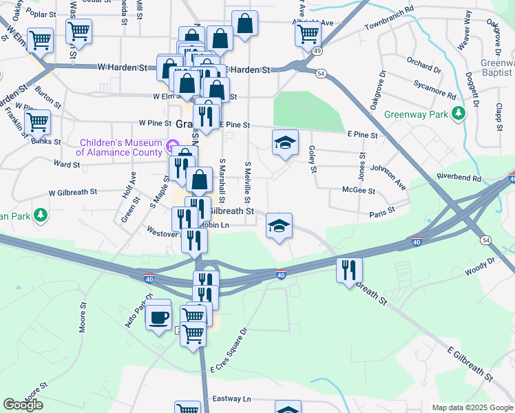 map of restaurants, bars, coffee shops, grocery stores, and more near 308 E Gilbreath St in Graham