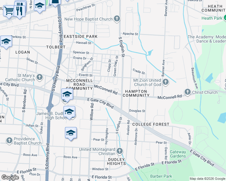 map of restaurants, bars, coffee shops, grocery stores, and more near 2130 Everitt Street in Greensboro
