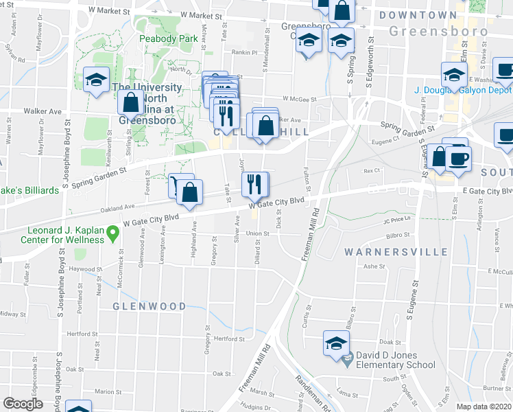 map of restaurants, bars, coffee shops, grocery stores, and more near 807 West Lee Street in Greensboro