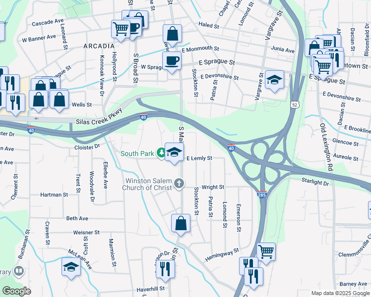 map of restaurants, bars, coffee shops, grocery stores, and more near 2629 South Main Street in Winston-Salem