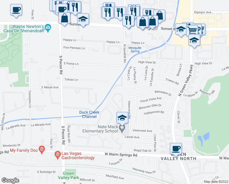 map of restaurants, bars, coffee shops, grocery stores, and more near 37 Pheasant Ridge Drive in Henderson