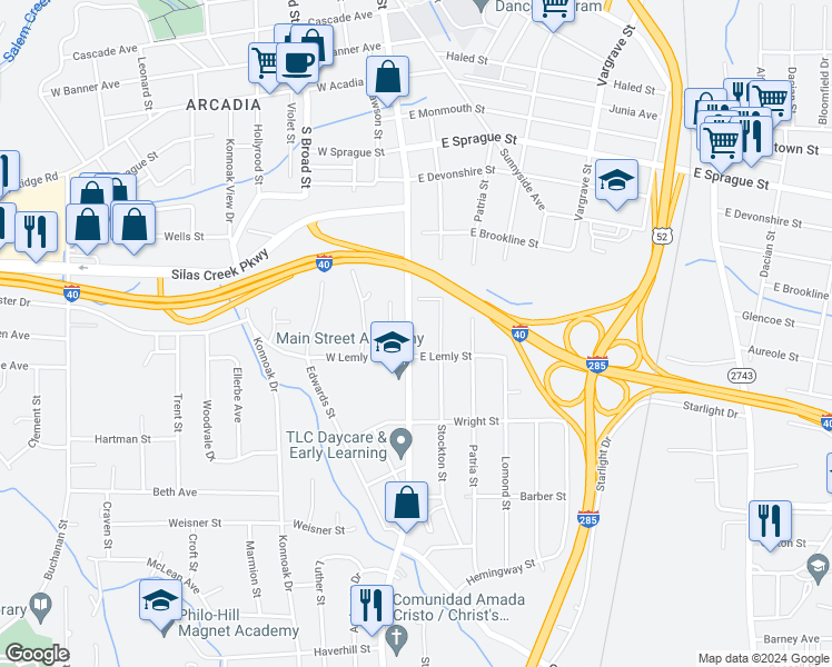 map of restaurants, bars, coffee shops, grocery stores, and more near 2629 South Main Street in Winston-Salem