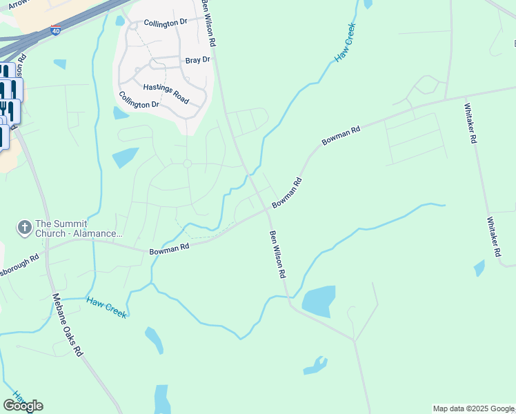 map of restaurants, bars, coffee shops, grocery stores, and more near Ben Wilson Road in Mebane