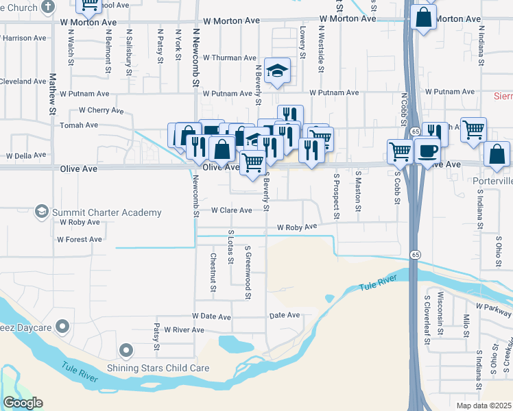 map of restaurants, bars, coffee shops, grocery stores, and more near 1428 West Clare Avenue in Porterville