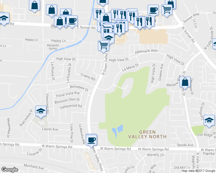 map of restaurants, bars, coffee shops, grocery stores, and more near 3010 La Mesa Drive in Henderson