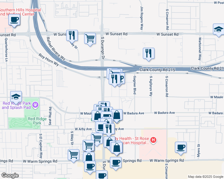 map of restaurants, bars, coffee shops, grocery stores, and more near 6373 South Durango Drive in Las Vegas