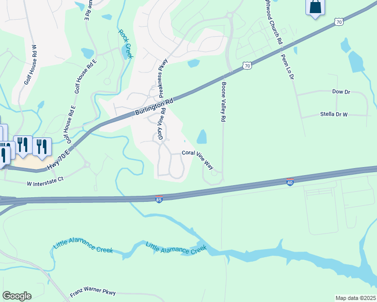 map of restaurants, bars, coffee shops, grocery stores, and more near 6431 Coral Vine Way in Whitsett