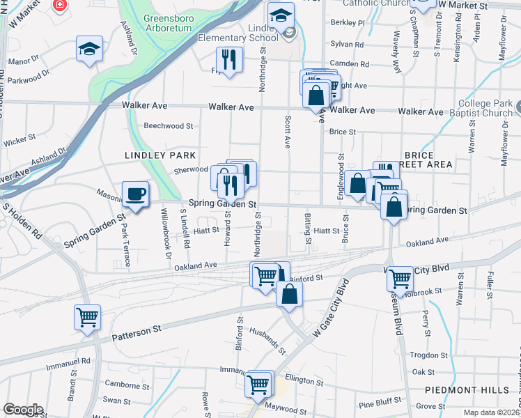 map of restaurants, bars, coffee shops, grocery stores, and more near in Greensboro