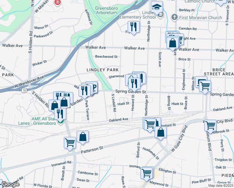 map of restaurants, bars, coffee shops, grocery stores, and more near 2600 Spring Garden Street in Greensboro