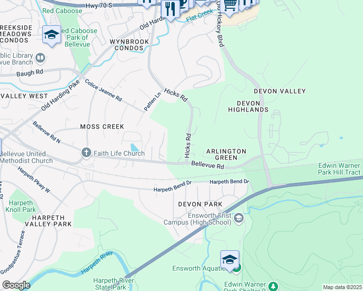 map of restaurants, bars, coffee shops, grocery stores, and more near 165 Hicks Road in Nashville