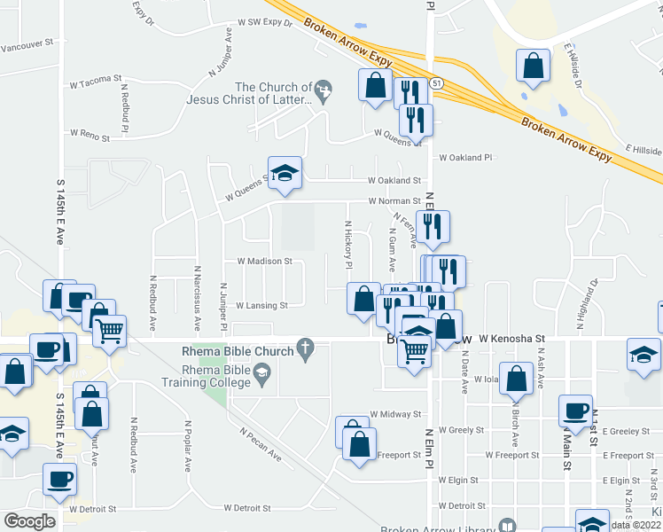 map of restaurants, bars, coffee shops, grocery stores, and more near 1131 North Hickory Drive in Broken Arrow