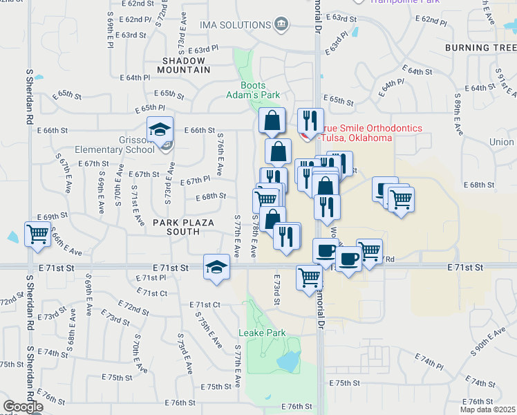 map of restaurants, bars, coffee shops, grocery stores, and more near 6762 South 78th East Avenue in Tulsa