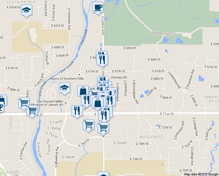 map of restaurants, bars, coffee shops, grocery stores, and more near 6755 South Lewis Avenue in Tulsa
