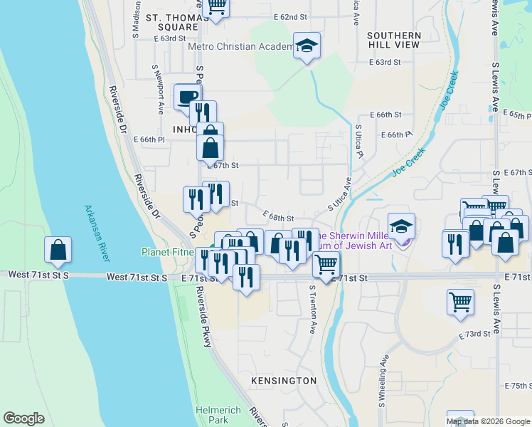 map of restaurants, bars, coffee shops, grocery stores, and more near 1514 East 67th Court in Tulsa