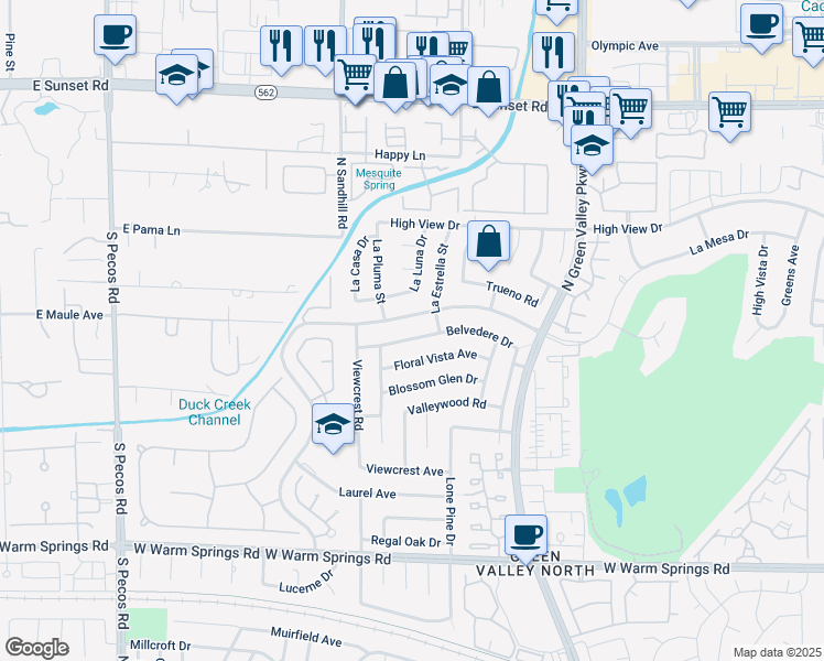 map of restaurants, bars, coffee shops, grocery stores, and more near 3142 Belvedere Drive in Henderson