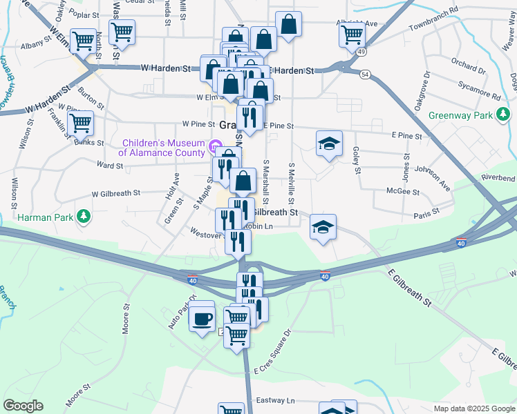 map of restaurants, bars, coffee shops, grocery stores, and more near 310 South Main Street in Graham