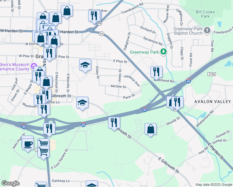 map of restaurants, bars, coffee shops, grocery stores, and more near 501 Jones Street in Graham